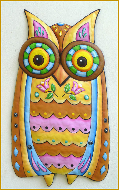 Decorative Metal Owl Wall Hanging - Hand Painted Wall Decor - Funky Art - 15" x 26"